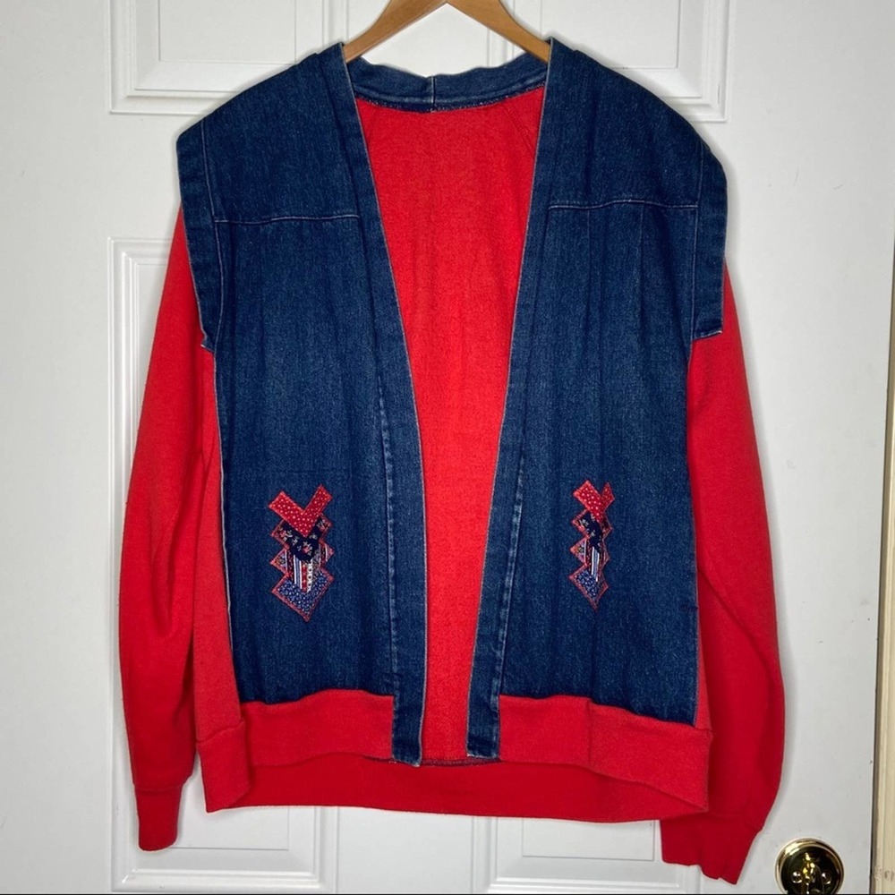 90s Vtg Patchwork Jean & Red Sweatshirt Shacket